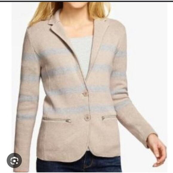 Talbots Sweaters - Talbots Beige and Gray Striped Cardigan